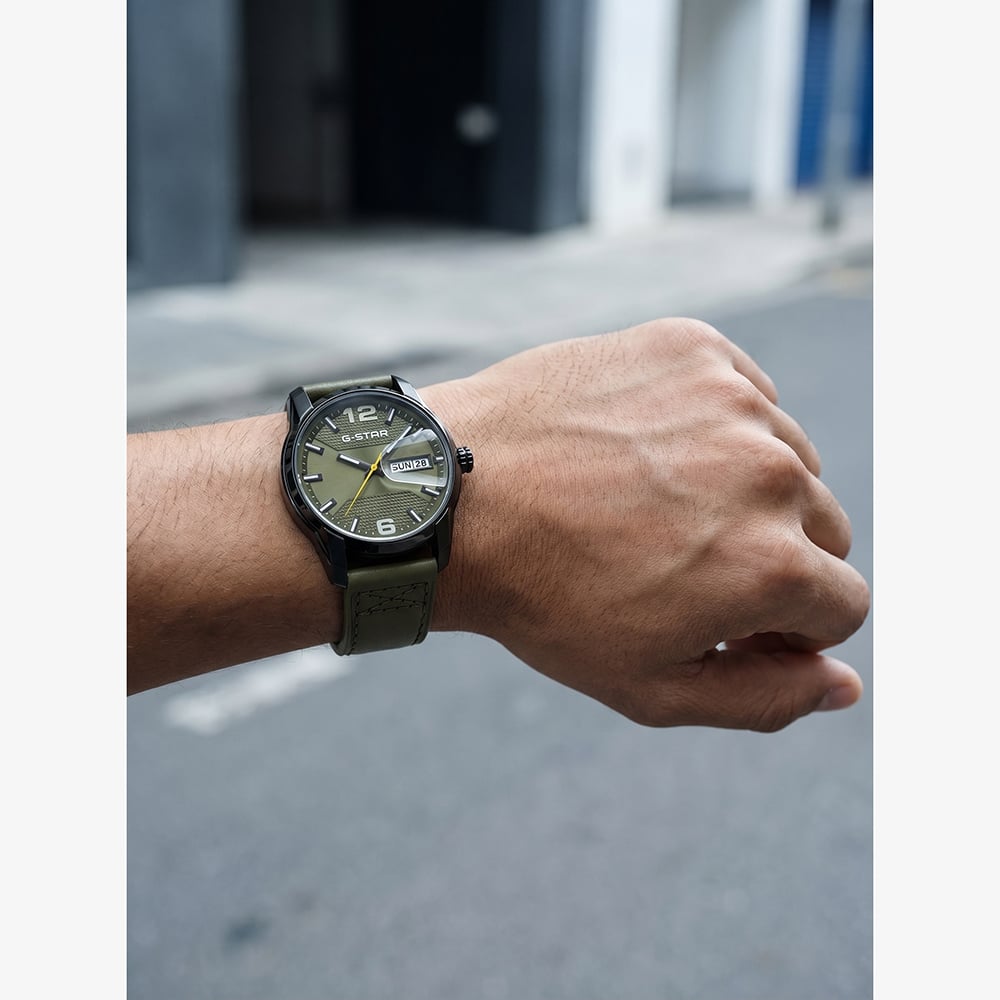 G Star Mens Selvedge Green Leather Strap Watch GSW.507.04