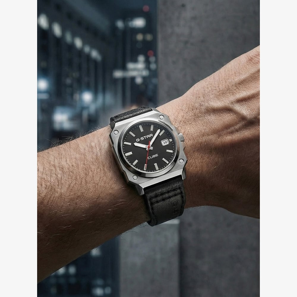 G Star Mens Cube Black Leather Strap Watch GSW.508.01