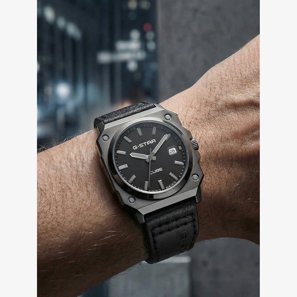 G Star Mens Cube Black Leather Strap Watch GSW.508.02