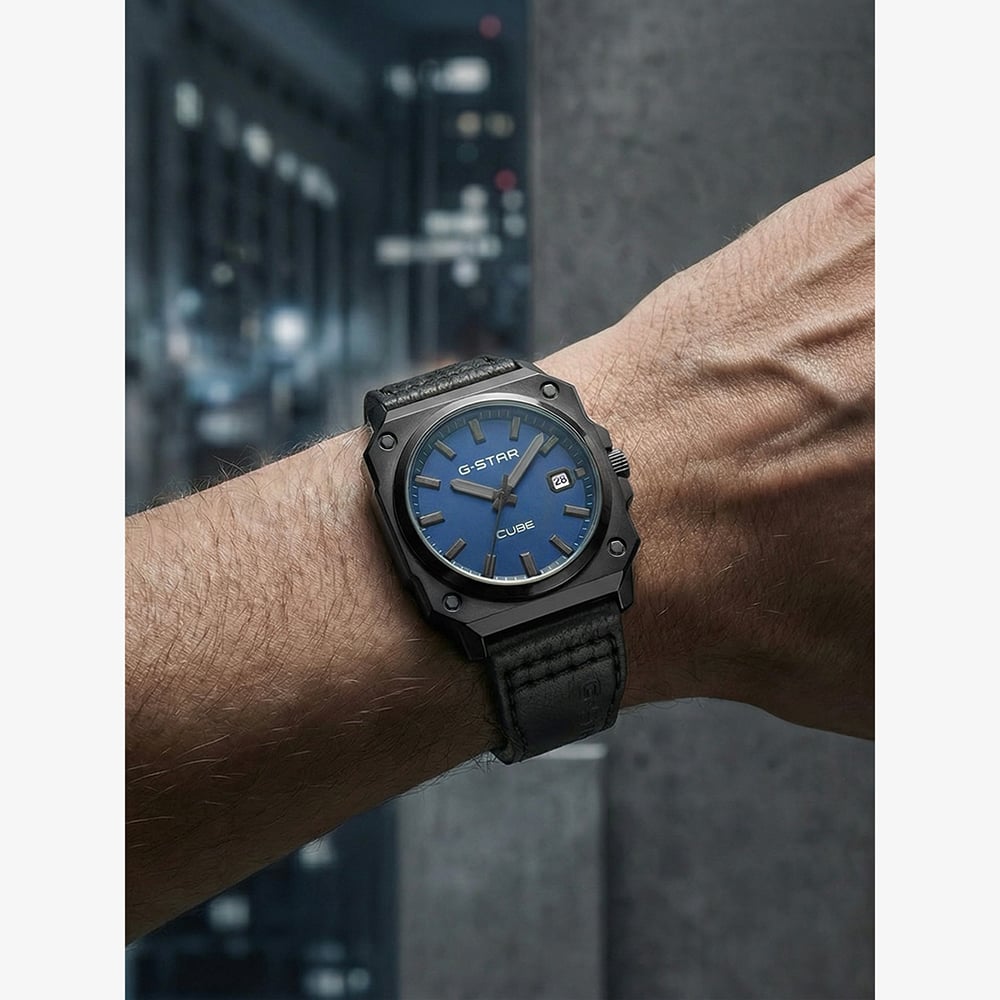 G Star Mens Cube Blue Dial Black Leather Strap Watch GSW.508.03