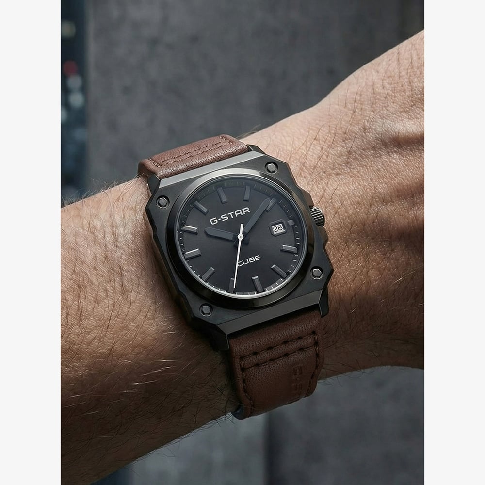 G Star Mens Cube Black Dial Brown Leather Strap Watch GSW.508.04