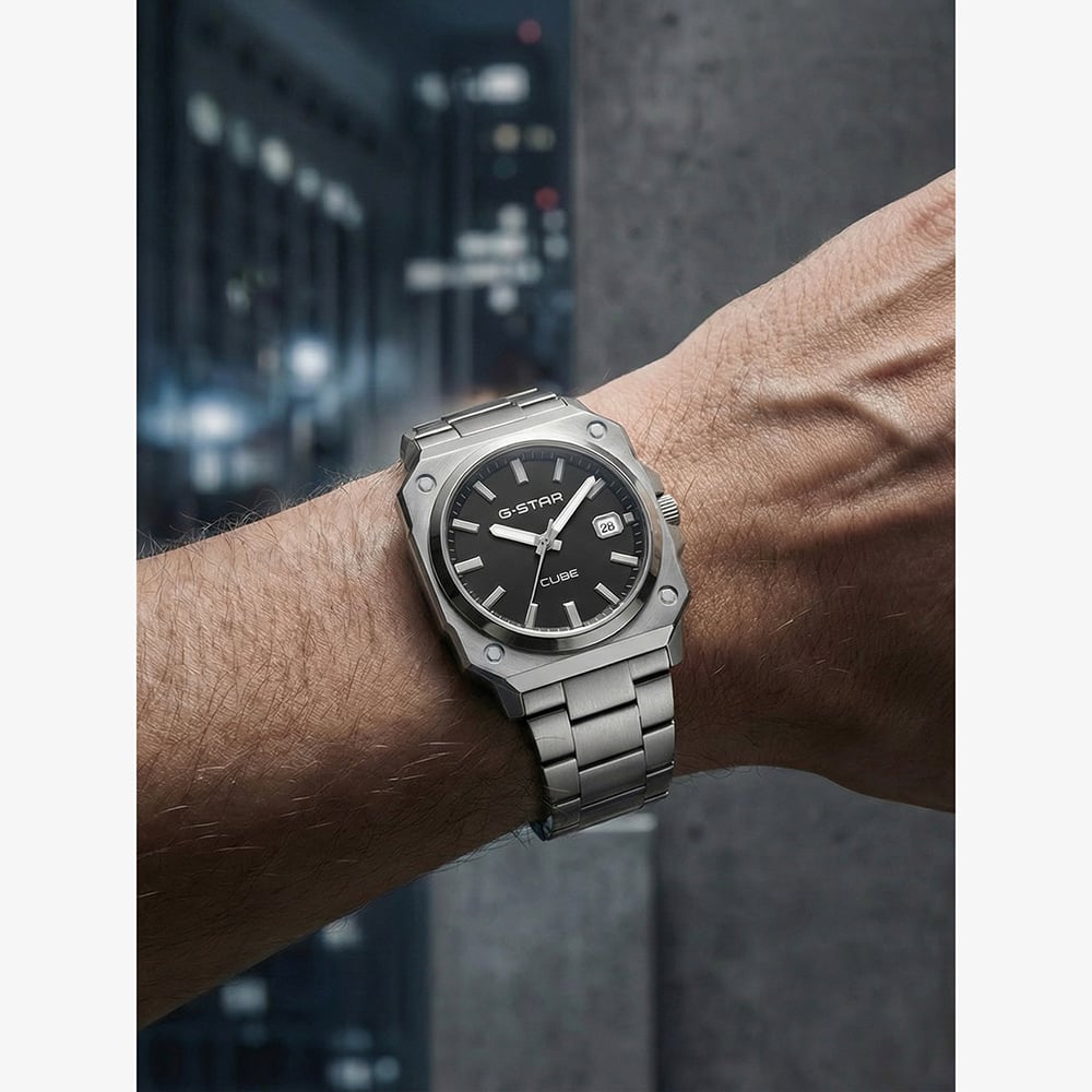 G Star Mens Cube Black Dial Silver Bracelet Watch GSW.508.05