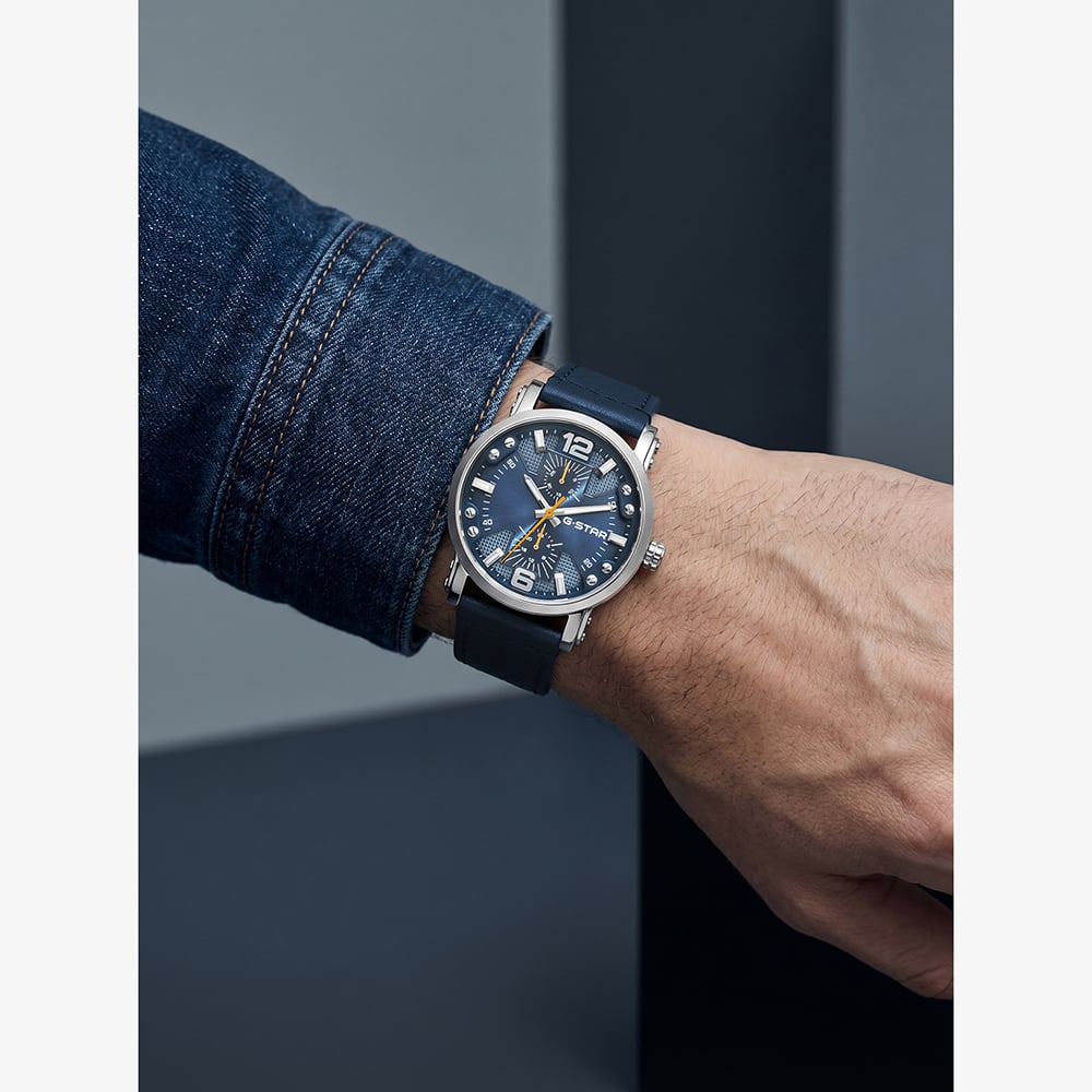G Star Mens Rovic Blue Leather Strap Watch GSW.509.01