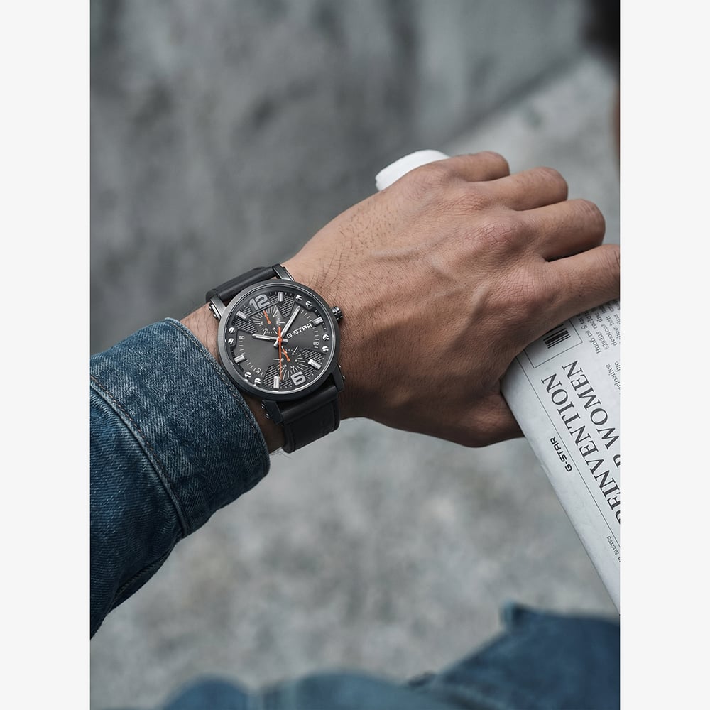 G Star Mens Rovic Black Leather Strap Watch GSW.509.02