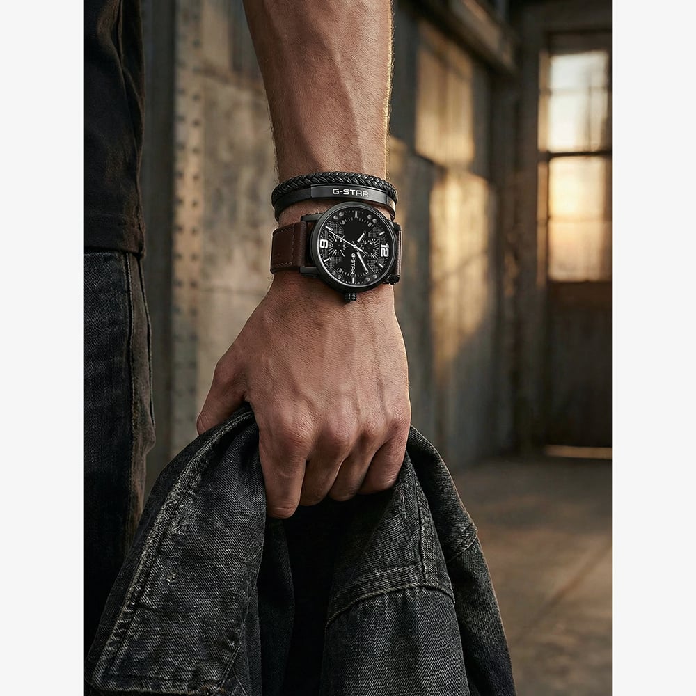 G Star Mens Rovic Black Dial Brown Leather Strap Watch GSW.509.03