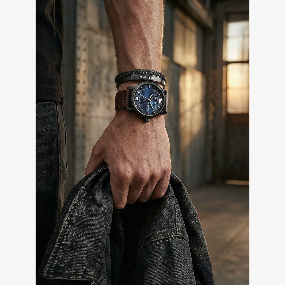 G Star Mens Rovic Blue Dial Brown Leather Strap Watch GSW.509.04