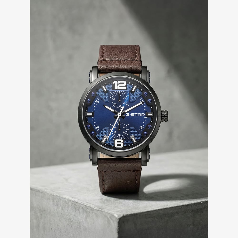 G Star Mens Rovic Blue Dial Brown Leather Strap Watch GSW.509.04