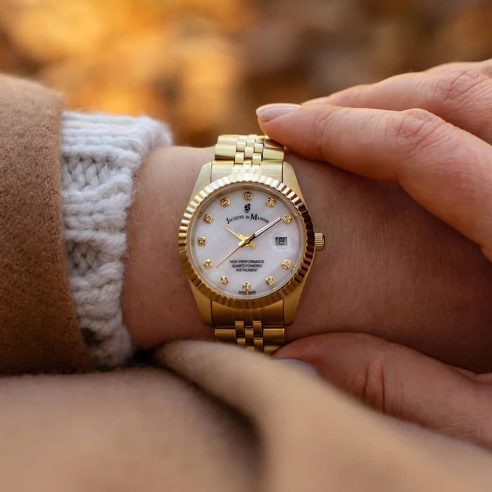 Jacques Du Manoir Ladies Inspiration Elegance White Mother Of Pearl Dial Gold Tone Stainless Steel Bracelet Watch JWL01203