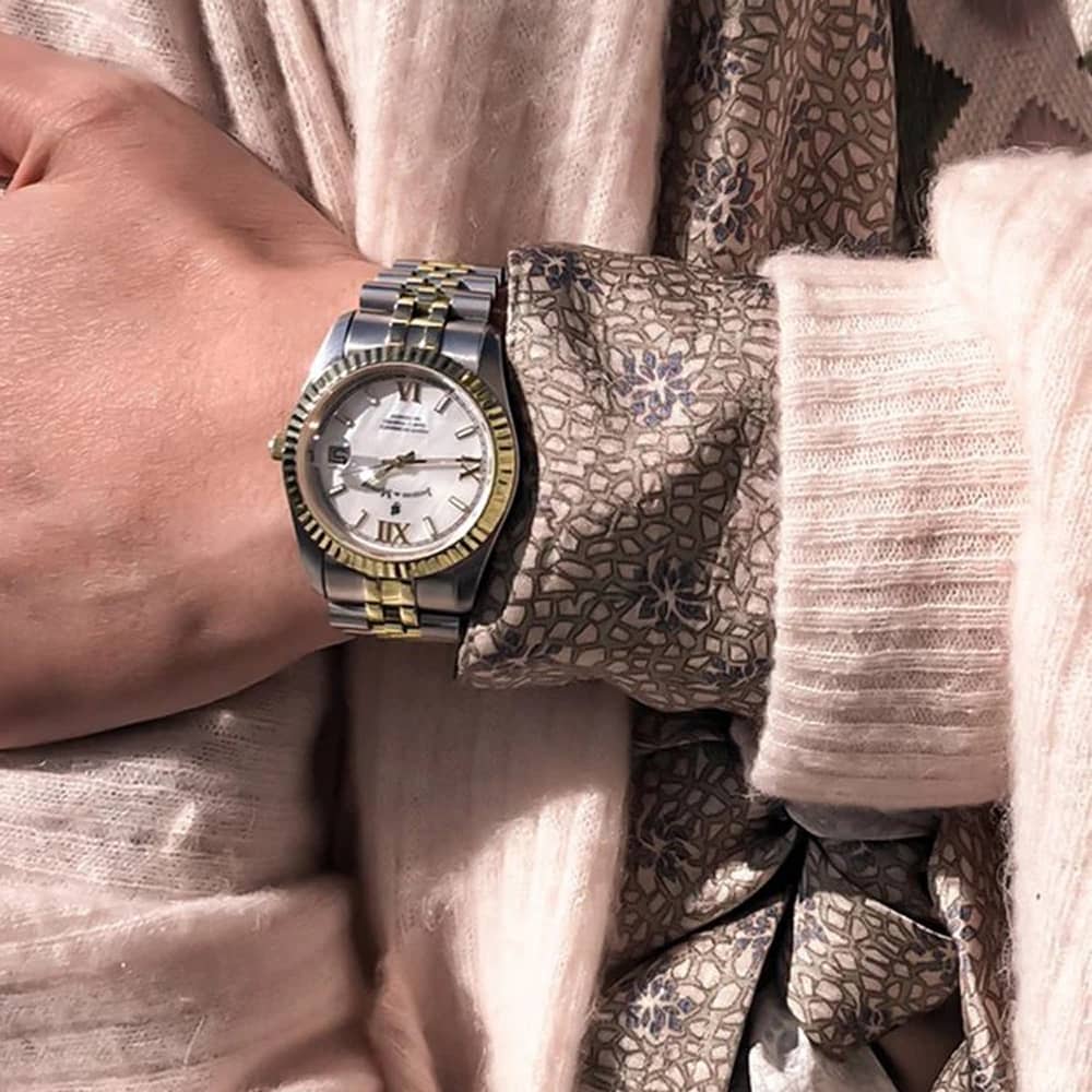 Jacques Du Manoir Ladies Inspiration Roman White Mother Of Pearl Dial Two Tone Stainless Steel Bracelet Watch JWL01303