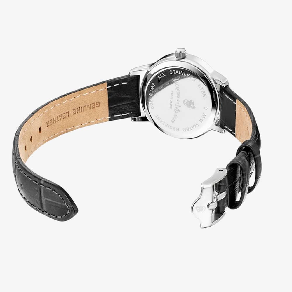 Jacques du Manoir Ladies Genesis Silver Dial Black Leather Strap Watch JWL04901