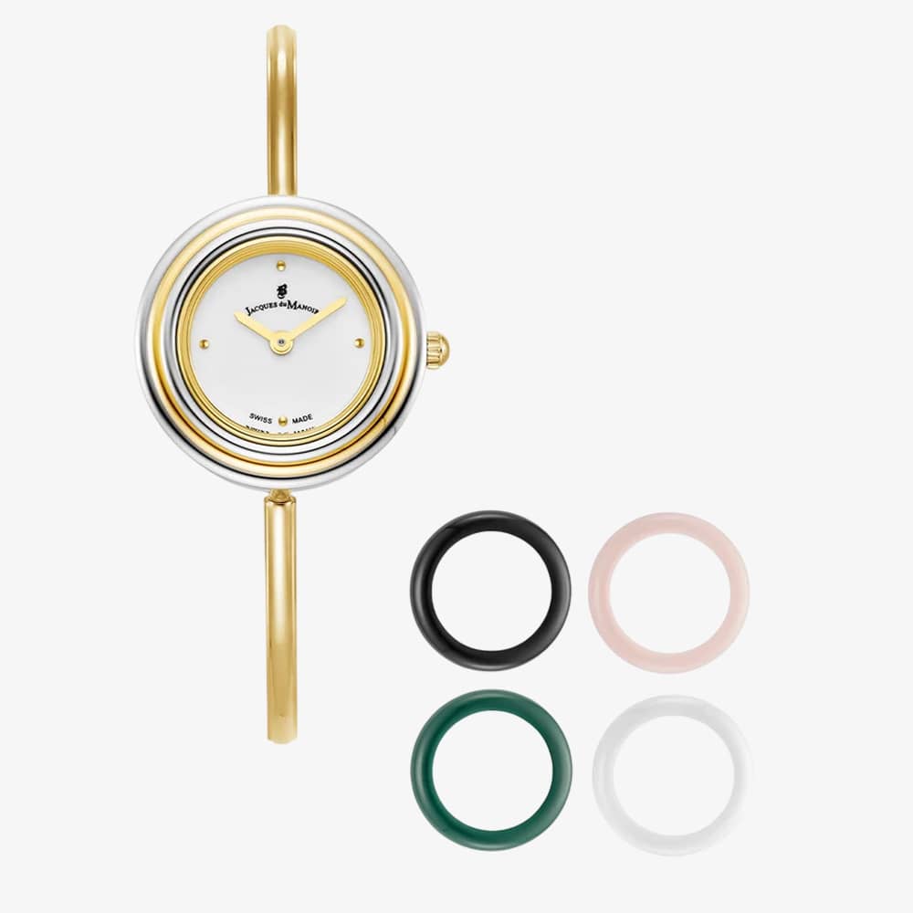 Jacques du Manoir Ladies Aurora White Dial Gold Tone Bracelet Watch & Topring Boxset JWL05401