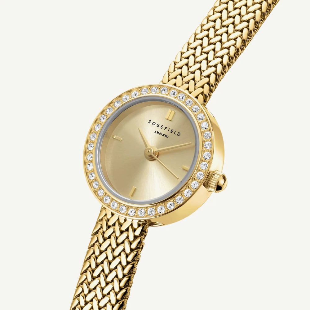 ROSEFIELD Ladies Mini Circle Pave Crystal Champagne Dial Golden Bracelet Watch MCGMG-M03