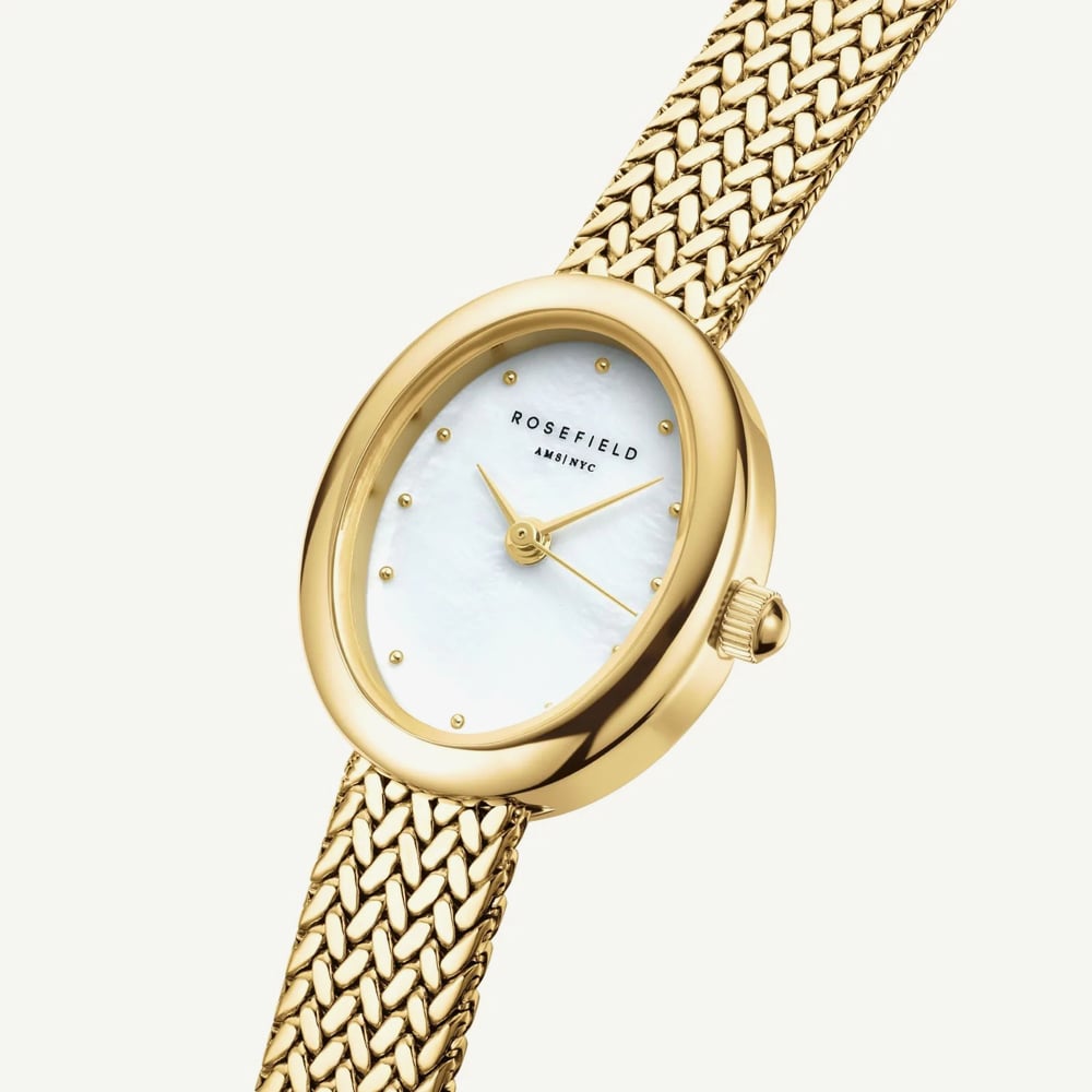 ROSEFIELD Ladies Mini Oval White Mother of Pearl Dial Golden Bracelet Watch MWGMG-M02