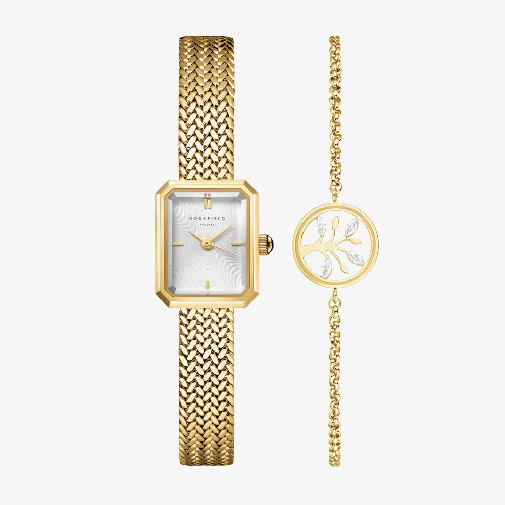 ROSEFIELD Ladies Mini Octagon White Dial Golden Bracelet Watch & Tree of Life Crystal Bracelet Gift Set MWGTG-X297