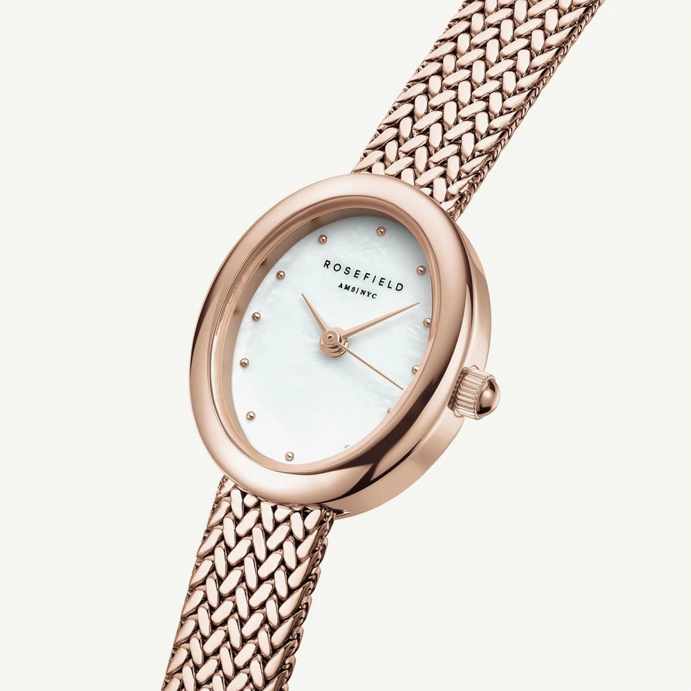 ROSEFIELD Ladies Mini Oval White Mother of Pearl Dial Rose Gold Bracelet Watch MWRMR-M07