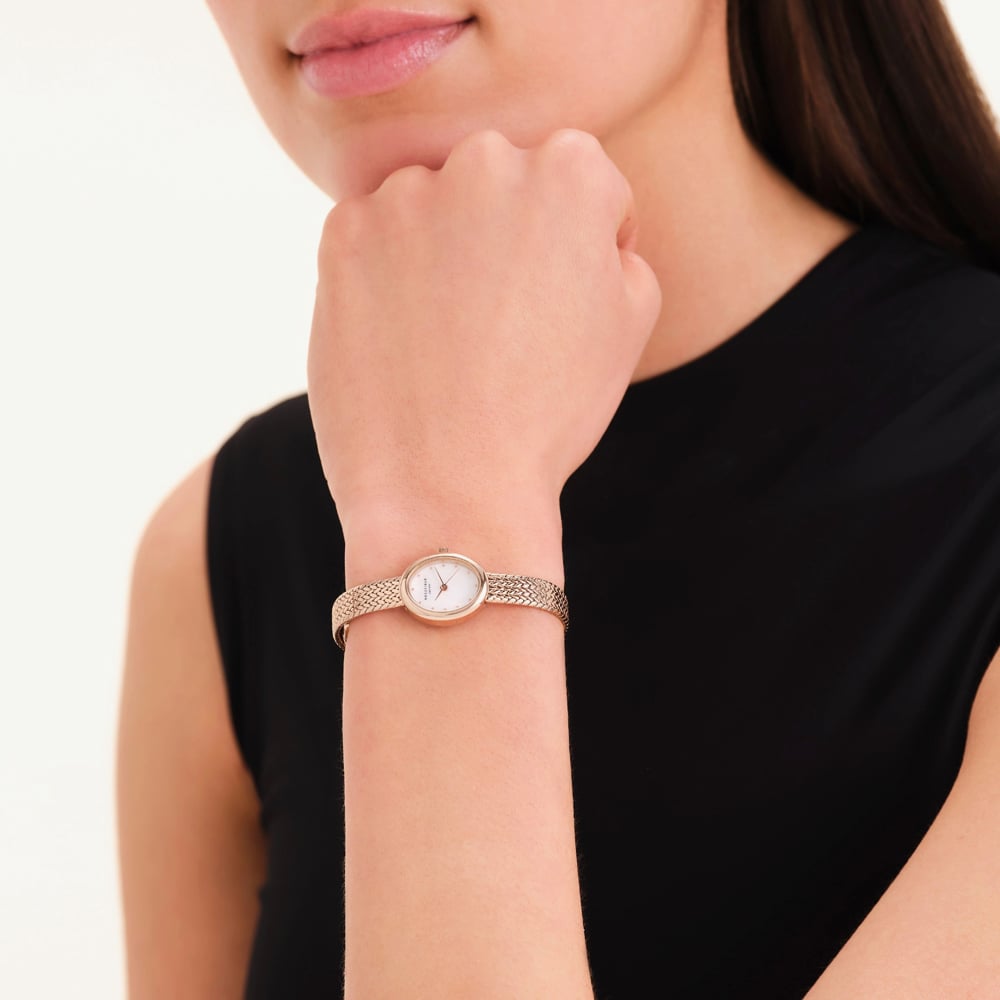 ROSEFIELD Ladies Mini Oval White Mother of Pearl Dial Rose Gold Bracelet Watch MWRMR-M07