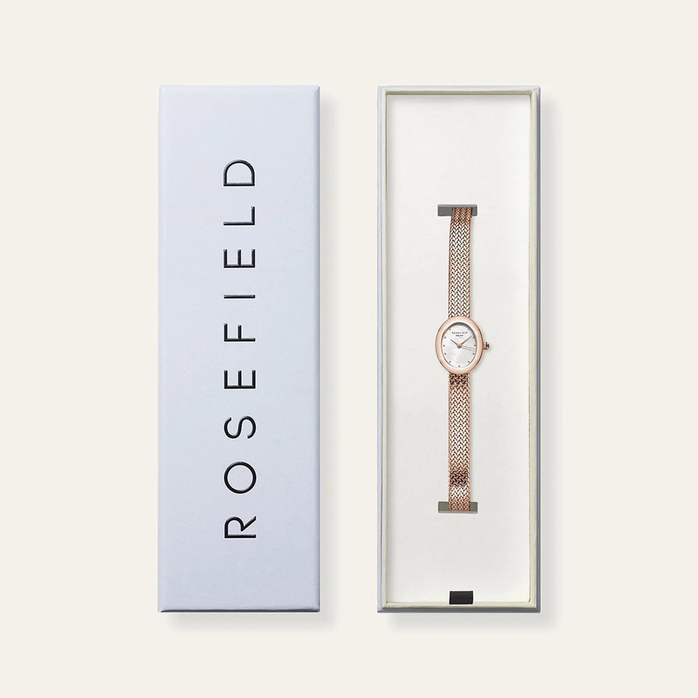 ROSEFIELD Ladies Mini Oval White Mother of Pearl Dial Rose Gold Bracelet Watch MWRMR-M07