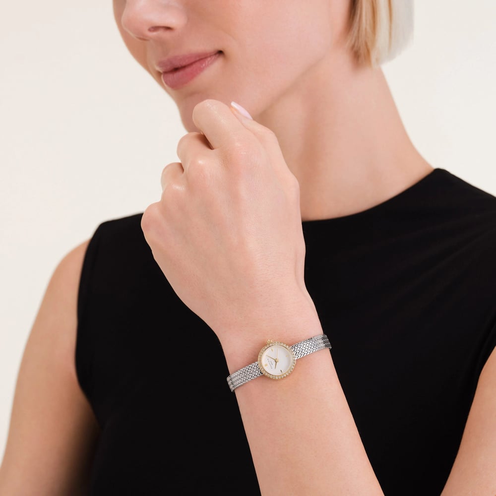 ROSEFIELD Ladies Mini Circle Pave Crystal White Dial Two Tone Bracelet Watch MWSMG-M06