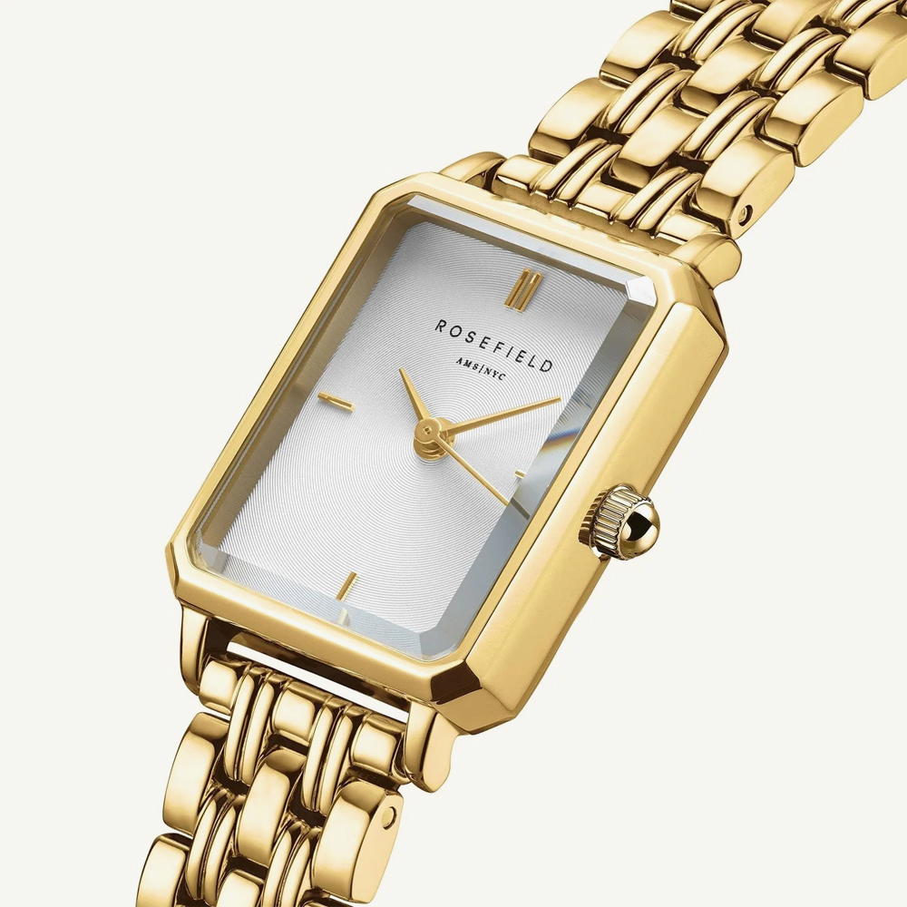 ROSEFIELD Ladies Octagon XS White Dial Golden Bracelet Watch & Three Pave Crystal Heart Bracelet Gift Set OWGHG-X296