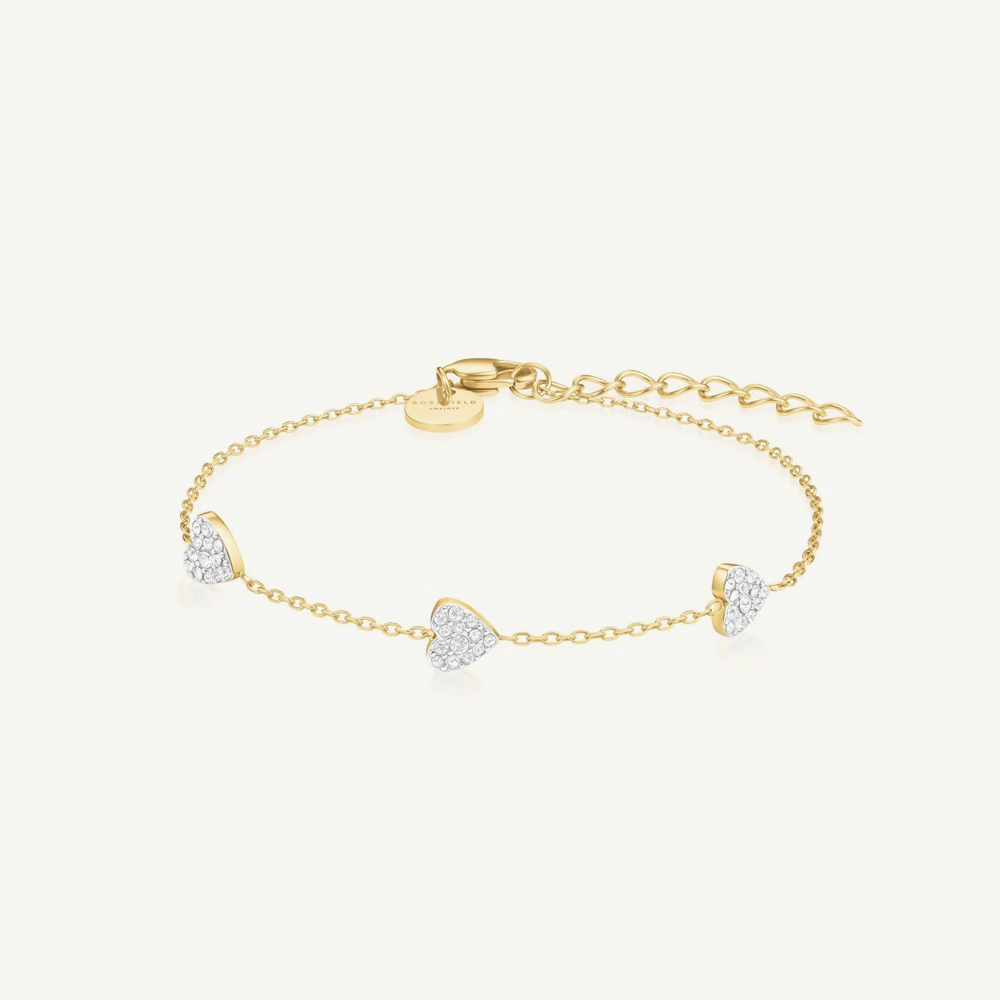 ROSEFIELD Ladies Octagon XS White Dial Golden Bracelet Watch & Three Pave Crystal Heart Bracelet Gift Set OWGHG-X296