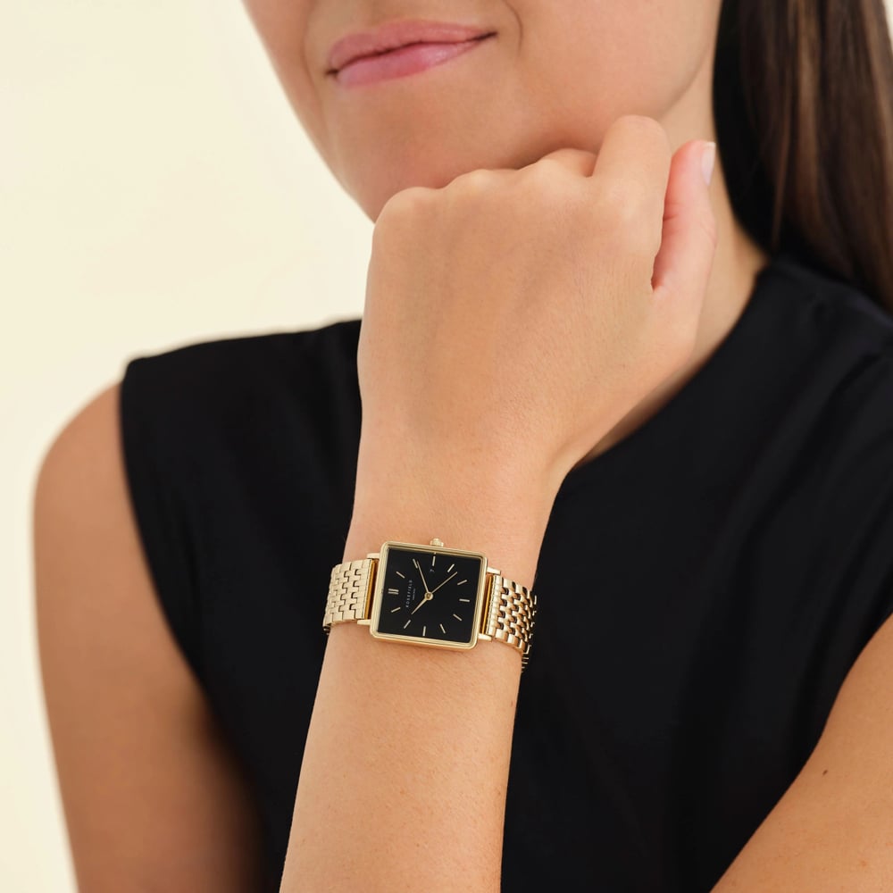 ROSEFIELD Ladies Boxy Black Dial Golden Bracelet Watch QBSG-Q017
