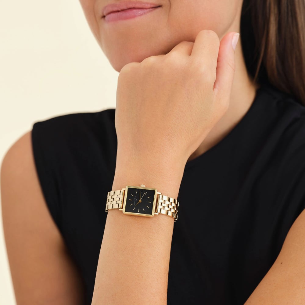 ROSEFIELD Ladies Boxy XS Black Dial Golden Bracelet Watch QMBG-Q025