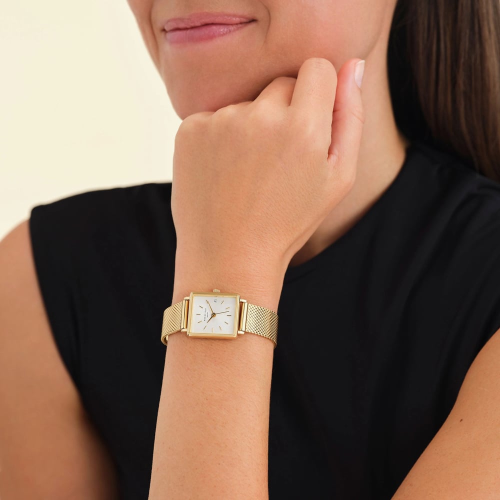 ROSEFIELD Ladies Boxy XS White Dial Golden Mesh Bracelet Watch QMWMG-Q039