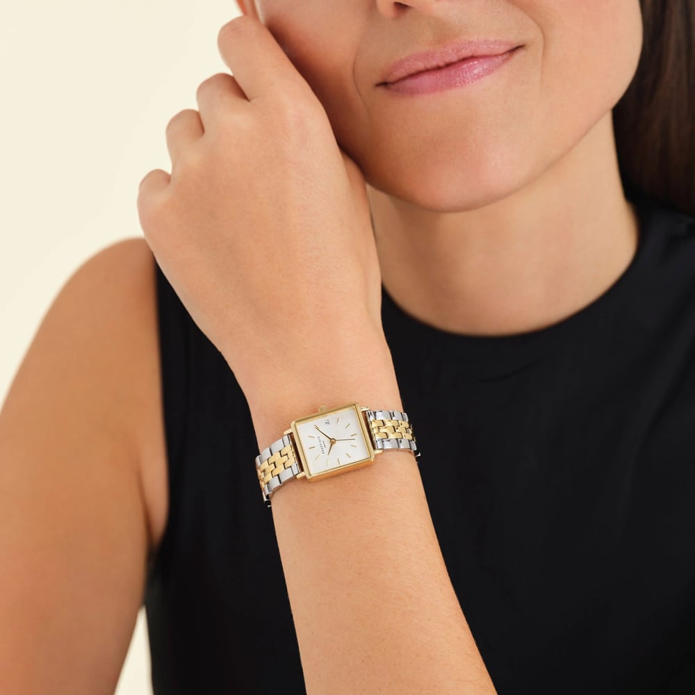 ROSEFIELD Ladies Boxy XS White Dial Two Tone Bracelet Watch QMWSSG-Q023