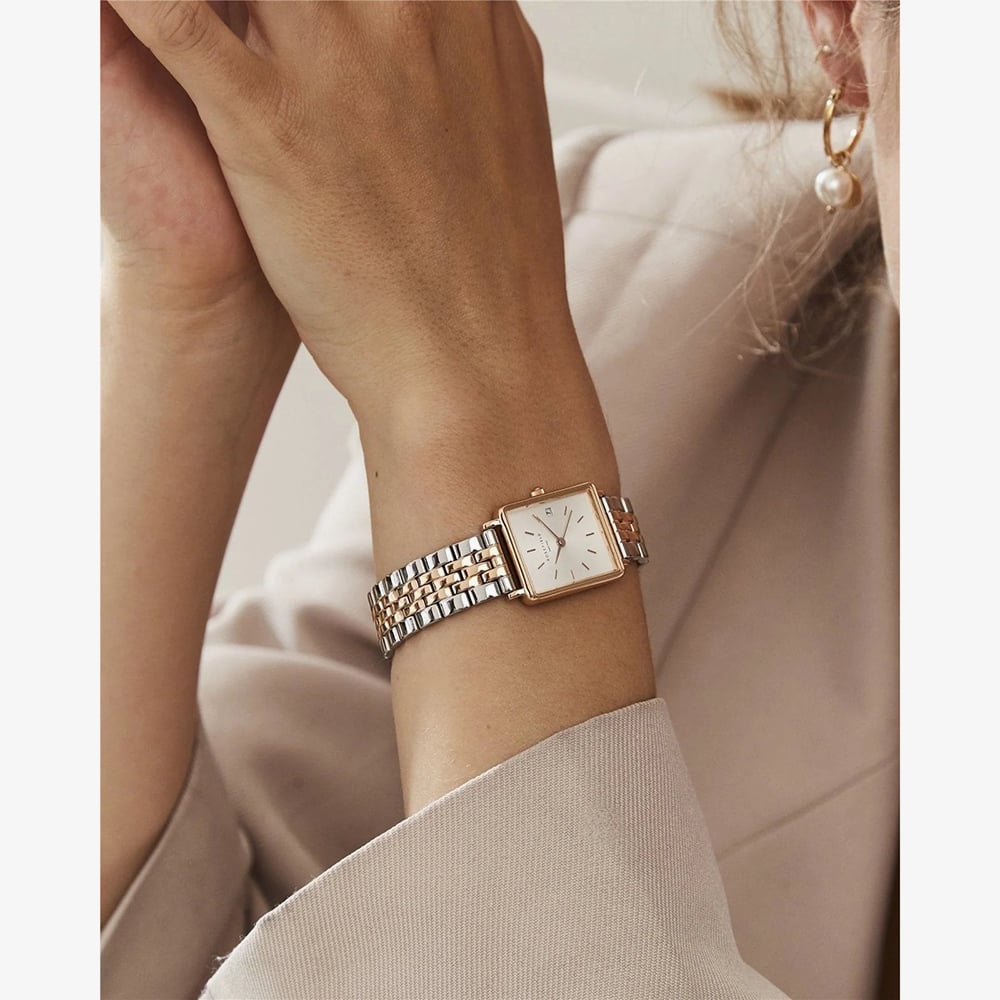 ROSEFIELD Ladies Boxy XS White Dial Two Tone Bracelet Watch QMWSSR-Q024