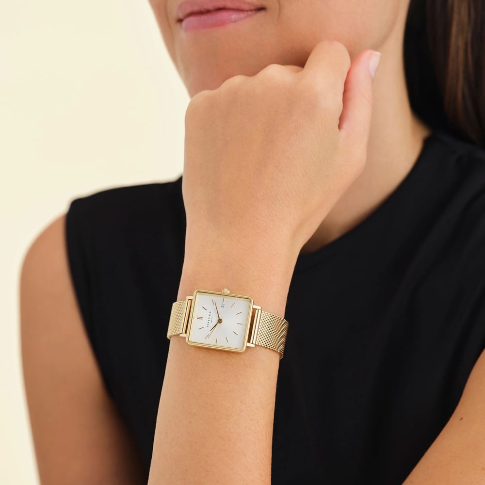 ROSEFIELD Ladies Boxy White Dial Golden Mesh Bracelet Watch QWSG-Q03