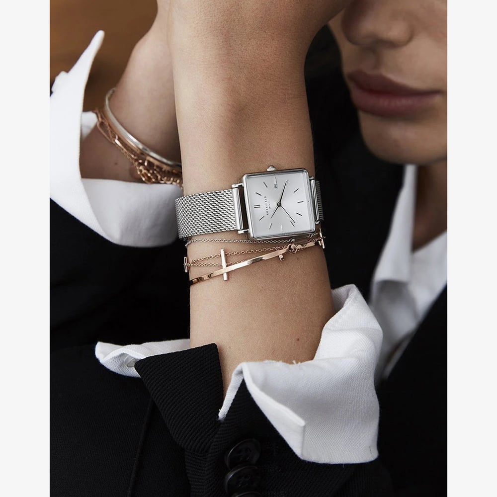 ROSEFIELD Ladies Boxy White Dial Mesh Bracelet Watch QWSS-Q02