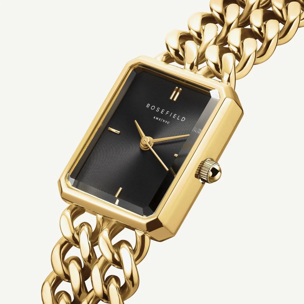 ROSEFIELD Ladies Studio Octagon Black Dial Double Curb Chain Golden Bracelet Watch SBGSG-O77
