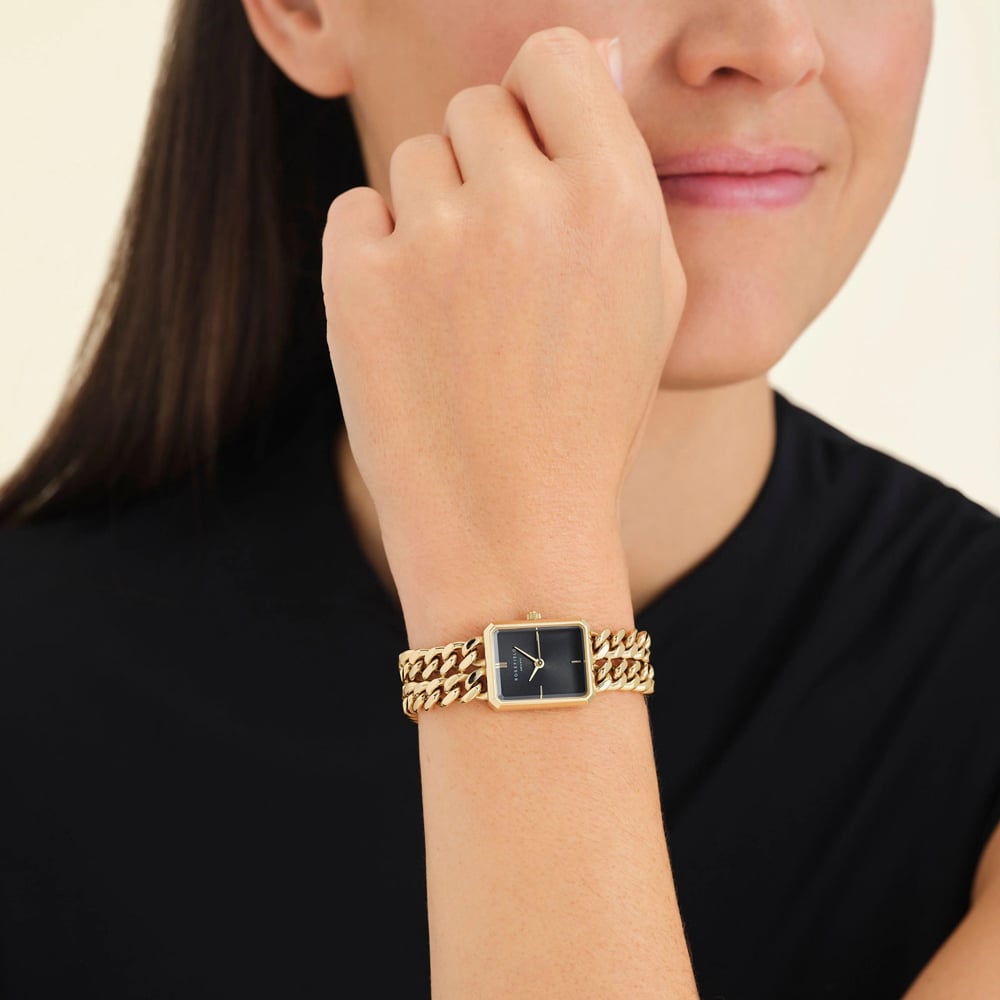 ROSEFIELD Ladies Studio Octagon Black Dial Double Curb Chain Golden Bracelet Watch SBGSG-O77