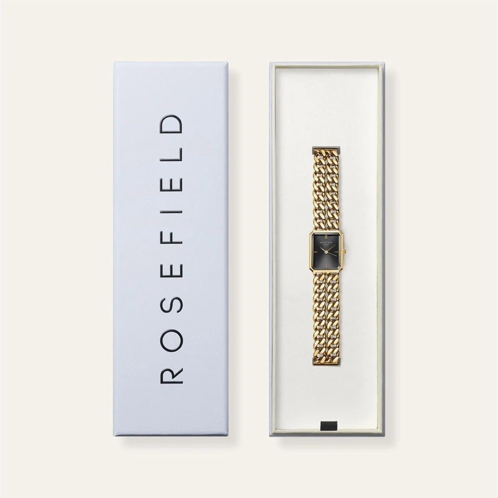 ROSEFIELD Ladies Studio Octagon Black Dial Double Curb Chain Golden Bracelet Watch SBGSG-O77