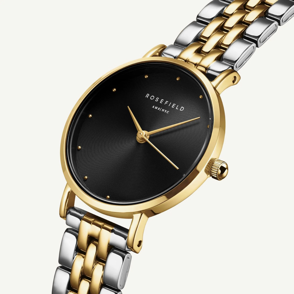 ROSEFIELD Ladies Small Edit Black Dial Two Tone Bracelet Watch SEBDSG-SE04