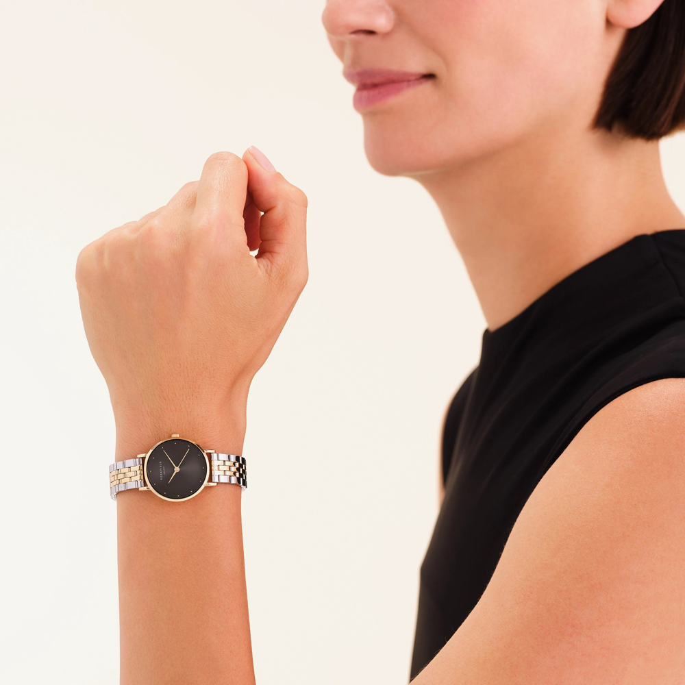 ROSEFIELD Ladies Small Edit Black Dial Two Tone Bracelet Watch SEBDSG-SE04