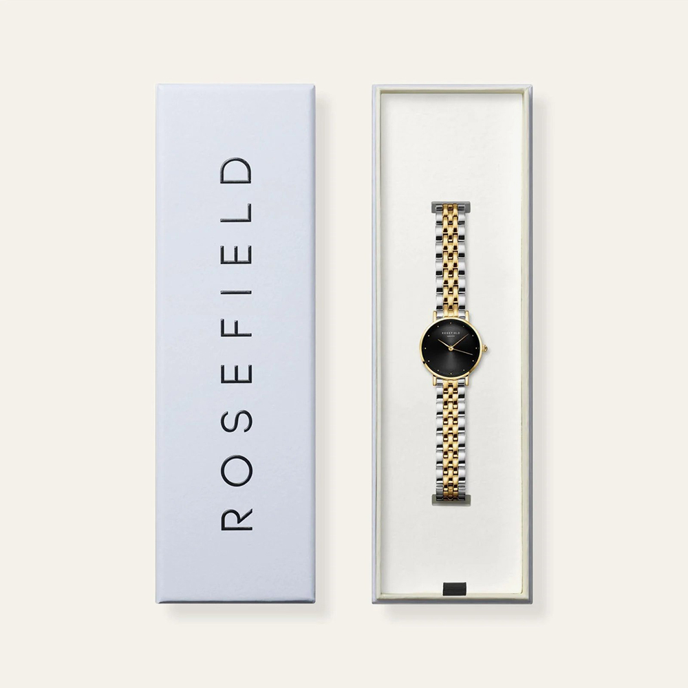 ROSEFIELD Ladies Small Edit Black Dial Two Tone Bracelet Watch SEBDSG-SE04