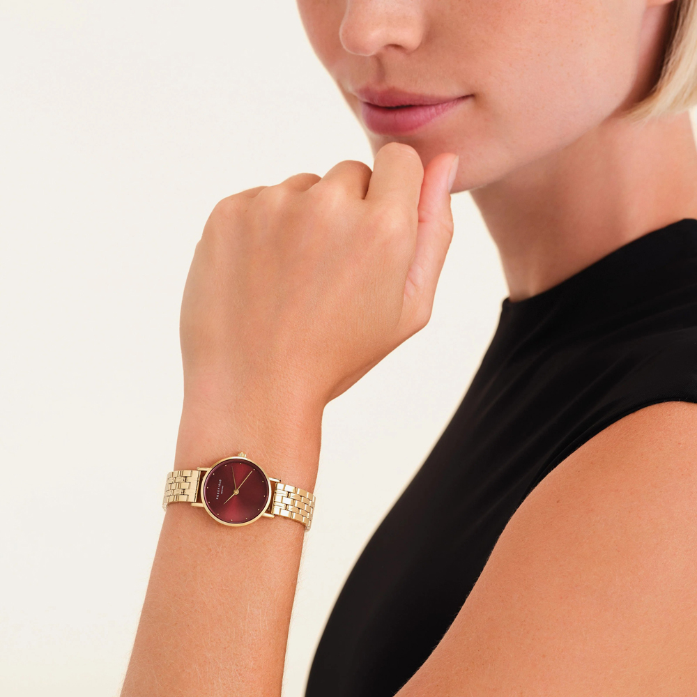 ROSEFIELD Ladies Small Edit Burgundy Dial Golden Bracelet Watch SEGSG-SE01