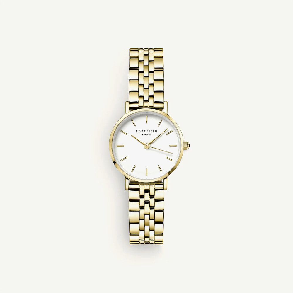 ROSEFIELD Ladies Small Edit White Dial Golden Bracelet Watch & Hammered Chainlink Bracelet Gift Set 26WGSG-X278