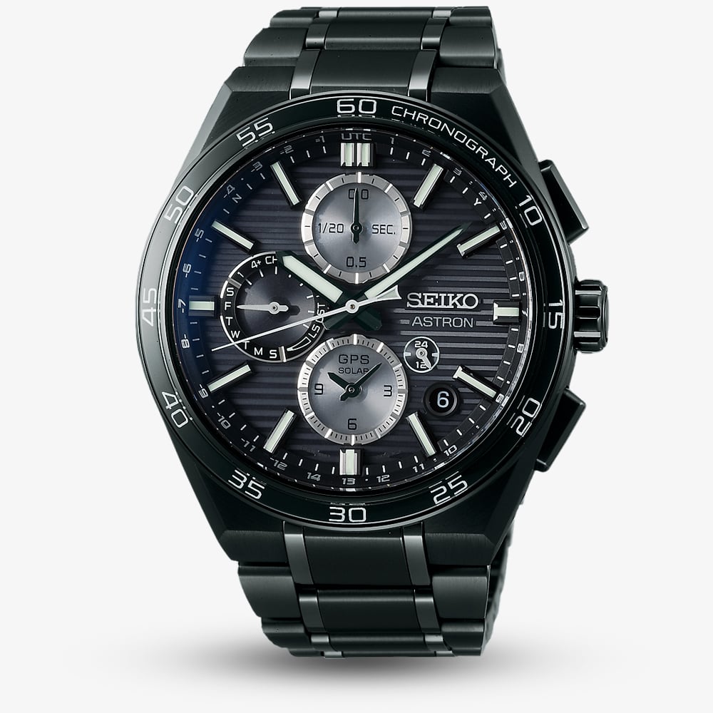 Seiko Mens Astron GPS Solar Black Chronograph Dual Time Watch SSH179J1