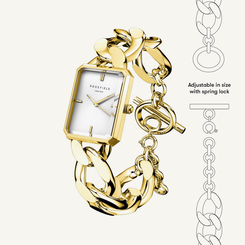 ROSEFIELD Ladies Studio Octagon XS White Dial Golden Curb Chain Bracelet Watch SWGSG-O55