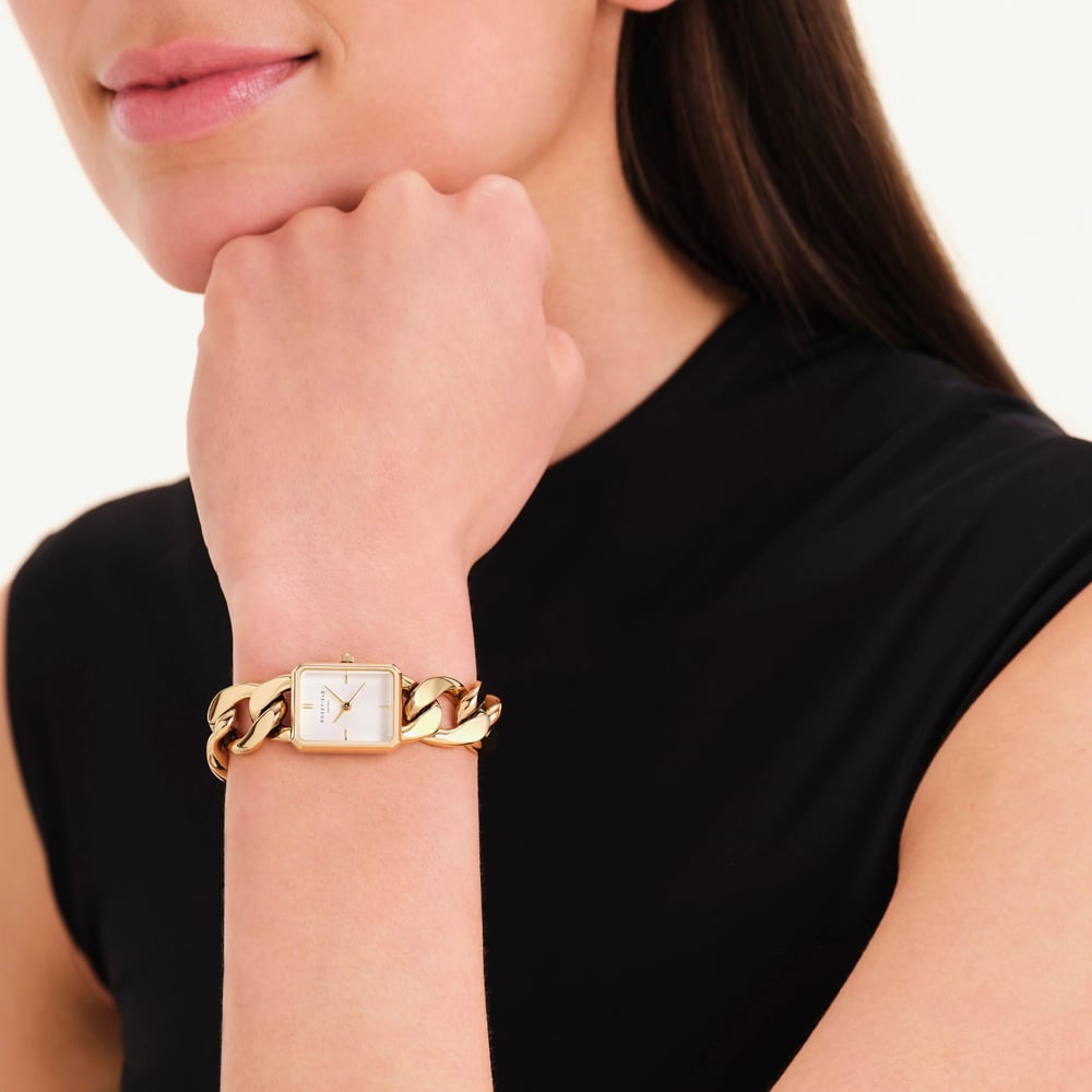 ROSEFIELD Ladies Studio Octagon XS White Dial Golden Curb Chain Bracelet Watch SWGSG-O55