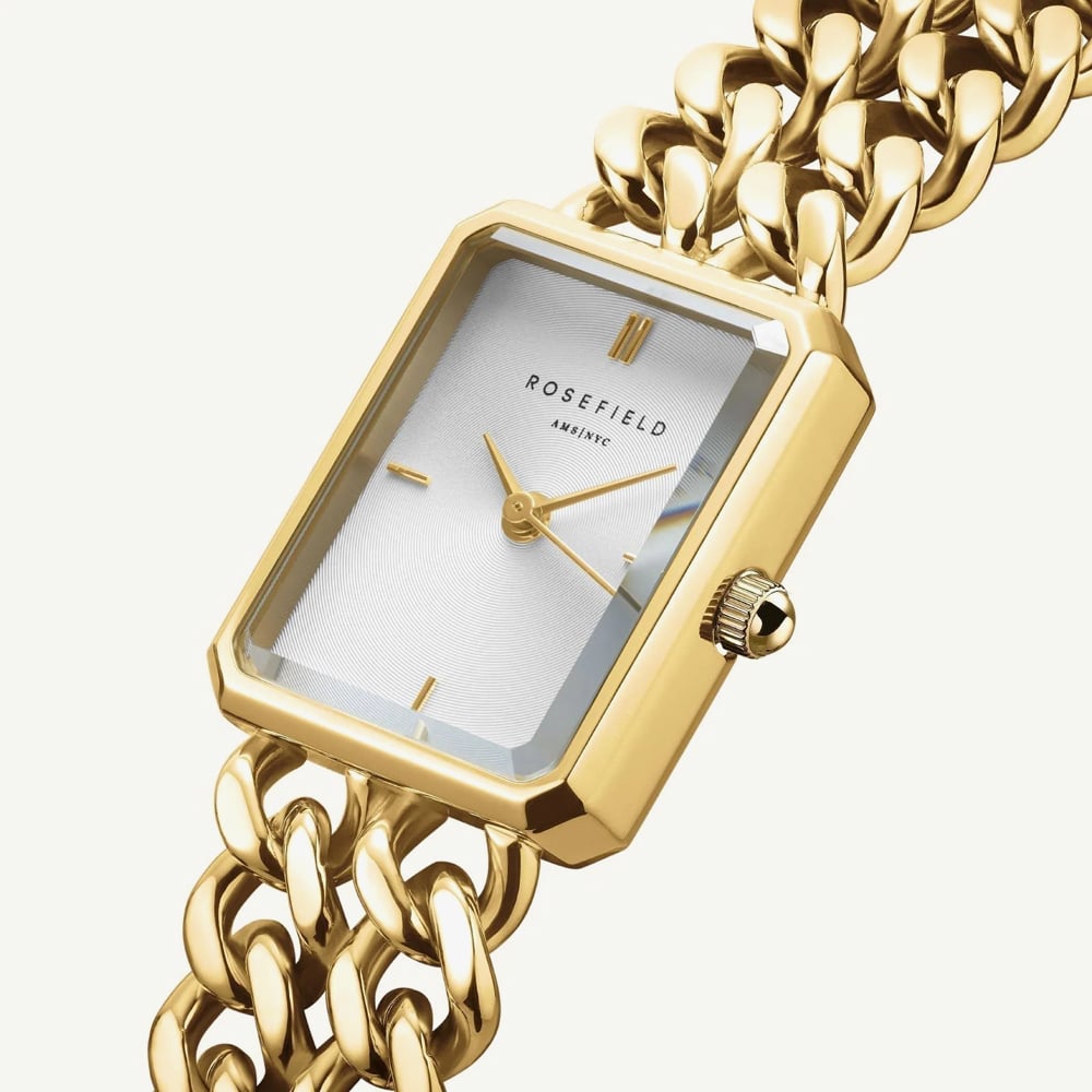 ROSEFIELD Ladies Studio Octagon White Dial Double Curb Chain Golden Bracelet Watch SWGSG-O76