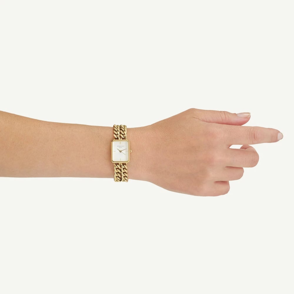 ROSEFIELD Ladies Studio Octagon White Dial Double Curb Chain Golden Bracelet Watch SWGSG-O76