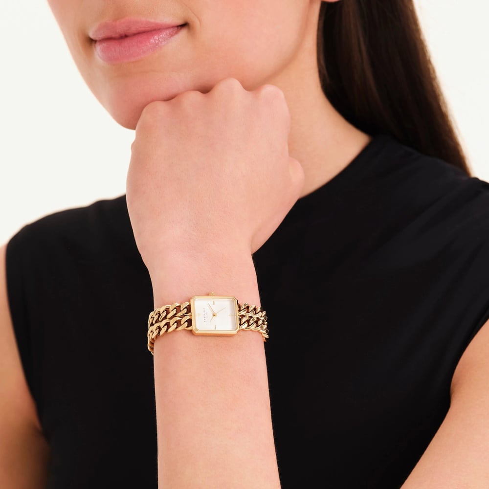 ROSEFIELD Ladies Studio Octagon White Dial Double Curb Chain Golden Bracelet Watch SWGSG-O76