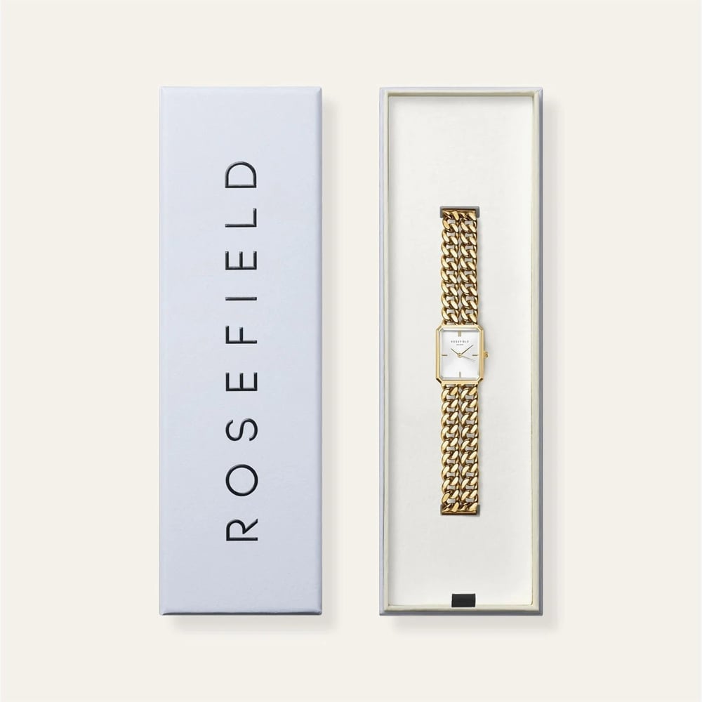 ROSEFIELD Ladies Studio Octagon White Dial Double Curb Chain Golden Bracelet Watch SWGSG-O76