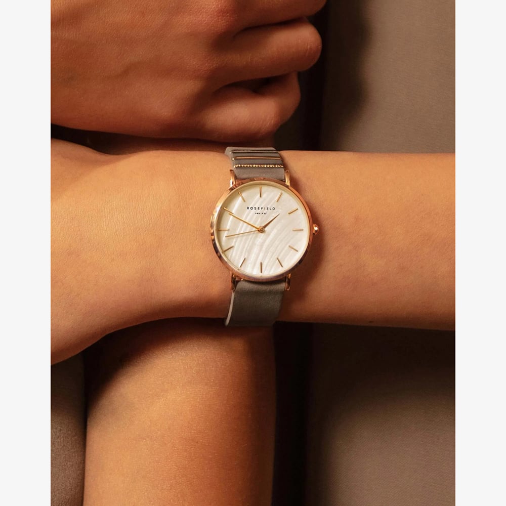 ROSEFIELD Ladies West Village White Mother of Pearl Grey Leather Strap Watch WEGR-W75