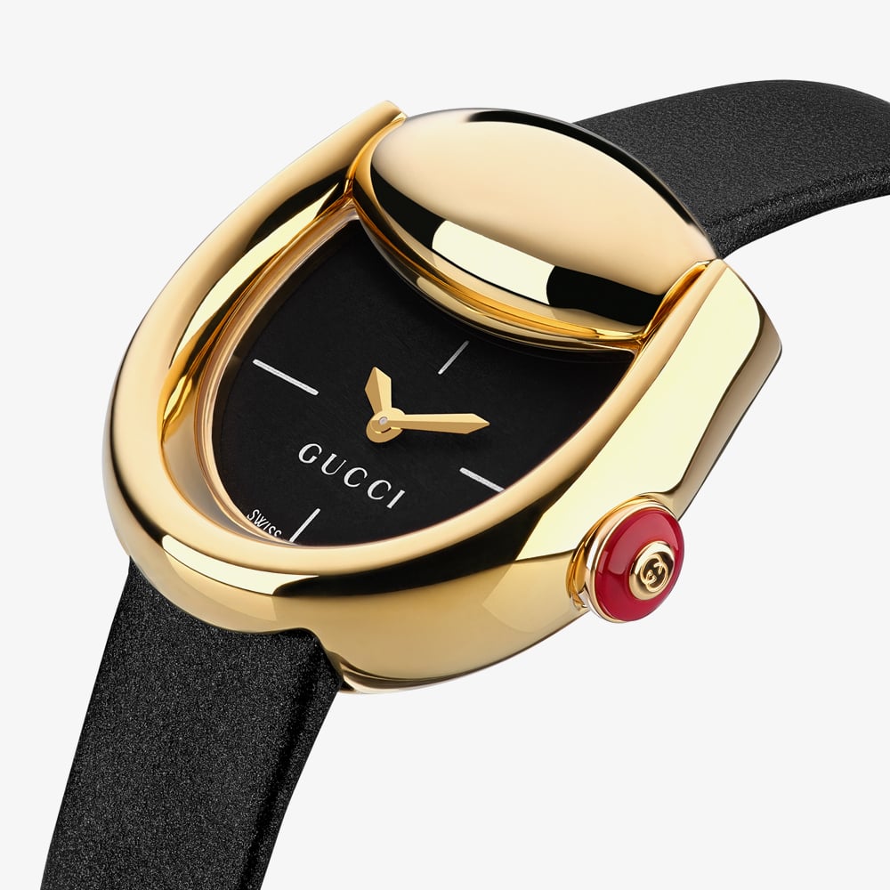 Gucci Ladies Horsebit Black Dial Leather Strap Watch YA168505