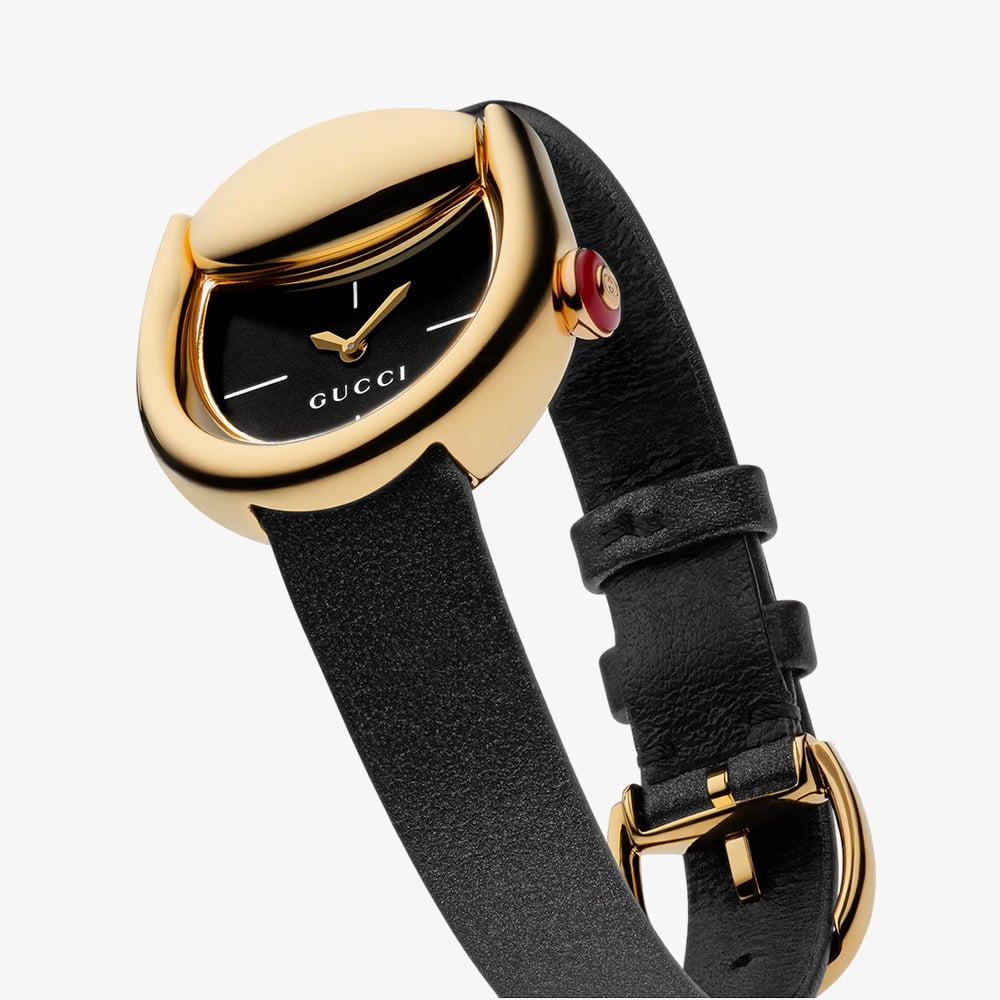Gucci Ladies Horsebit Black Dial Leather Strap Watch YA168505