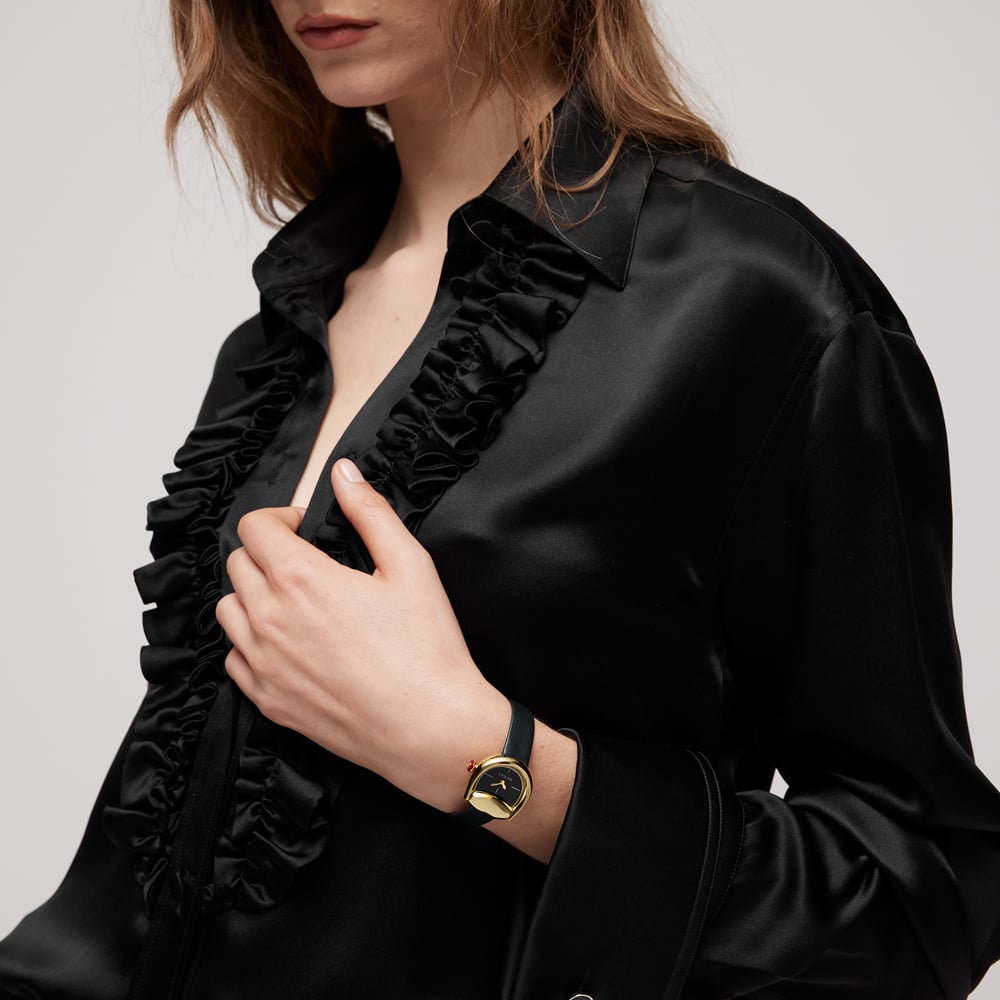 Gucci Ladies Horsebit Black Dial Leather Strap Watch YA168505